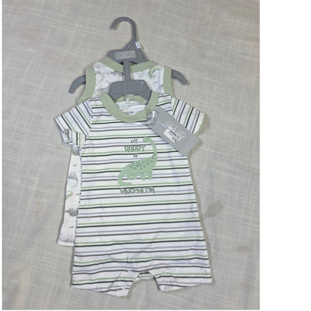 Le Top Bebe 0-3M 2 Pack Dinosaur Rompers Green White Striped PT2100007 NWT